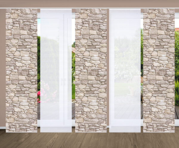 Schiebevorhang-Set Parete natur, Bambus-Optik recycelt, Serie Home in Green, Querstreifenoptik, halbtransparent mit Digitaldruck, 3D-Optik, naturgetreue Steinwand, viele Farbnuancen in beige-braun, 3 Schieber bedruckt, 2 Schieber uni weiss