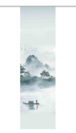 Schiebegardine Vitnam rechts 84462-6801 grün, Serie Home Wohnideen, Dekostoff in Seidenoptik, blickdicht, mit Digitaldruck: asiatische Flusslandschaft mit Boot, stimmungsvolles Motiv über ganze Vorhangfläche, Grün- und Grautöne