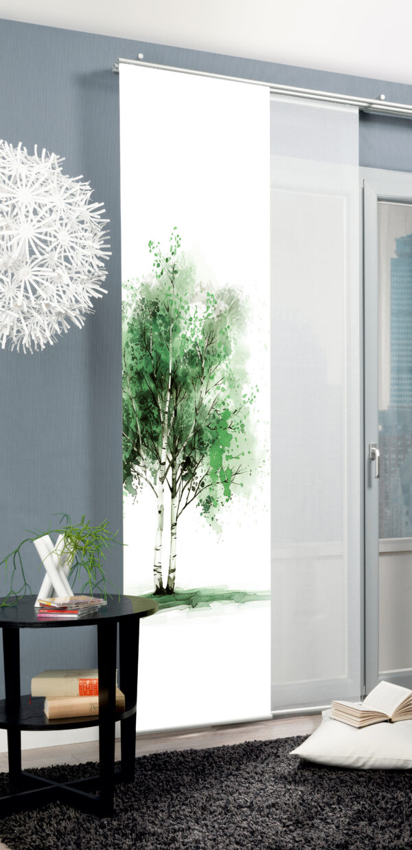 Schiebegardine Tree 84467-6801 grün, Dekostoff in Seidenoptik, blickdicht, mit Digitaldruck: natürliche Darstellung zweier Birken, mittig auf weissem Grund