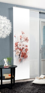 Schiebevorhang Lotus 84468-5201 altrosé, Serie Home Wohnideen, Dekostoff in Seidenoptik, blickdicht, mit Digitaldruck; stilisierte Blütenzweige, Blüten in verschiedenen Rosétönen vor weissem Hintergrund, mittig-vertikal