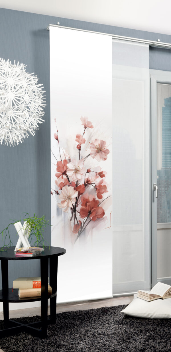 Schiebevorhang Lotus 84468-5201 altrosé, Serie Home Wohnideen, Dekostoff in Seidenoptik, blickdicht, mit Digitaldruck; stilisierte Blütenzweige, Blüten in verschiedenen Rosétönen vor weissem Hintergrund, mittig-vertikal
