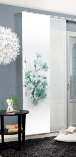 Schiebevorhang Lotus 84468-7301 mint, Serie Home Wohnideen, Dekostoff in Seidenoptik, blickdicht, mit Digitaldruck; stilisierte Blütenzweige, Blüten in verschiedenen Minttönen vor weissem Hintergrund, mittig-vertikal