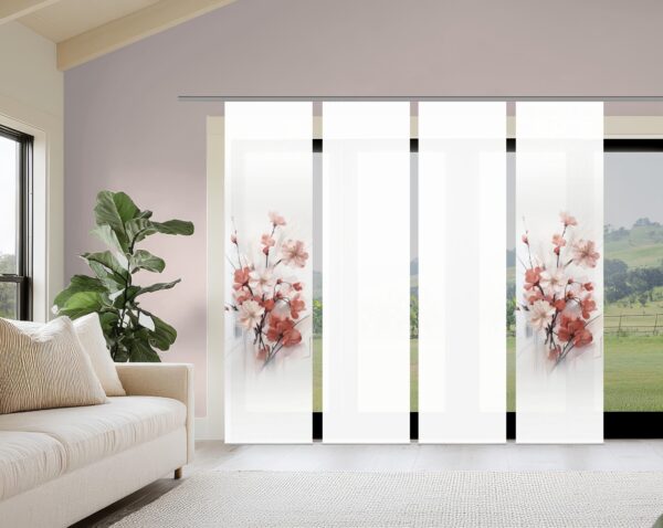 Schiebevorhang-Set Lotus altrosé, blickdicht in Seidenoptik mit Digitaldruck, natürliches Blütenzweigmotiv altrosé, mittig auf hellgrauem Grund vor weißem Hintergrund, 2 Schieber bedruckt, 2 Schieber uni-weiss