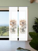 Schiebevorhang-Set Amarande, halbtransparente Bambus-Optik mit Digitaldruck, übergroße Pusteblume auf weissem Grund in der Mitte der Vorhangfläche, Aquarell ähnlich: 2 Schieber bedruckt