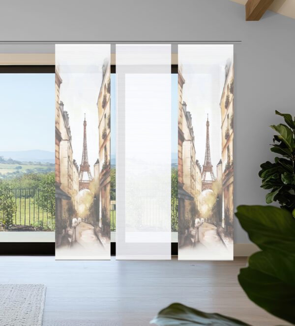 Schiebevorhang-Set Francq, halbtransparente Bambus-Optik mit Digitaldruck: Blick durch eine enge Gasse auf den Eiffelturm, warme Braun- & Beigetöne, 2 Schieber bedruckt, 1 Schieber uni-weiss