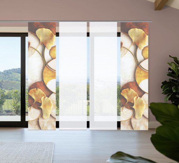Schiebevorhang-Set Storm, halbtransparente Bambus-Optik mit Digitaldruck, goldfarbene Gingkoblätter auf weissem Untergrund mit übereinander liegenden Kreissegmenten, fantasievolles Dekor über der gesamten Vorhangfläche: 2 Schieber bedruckt, 2 Schieber uni-weiss