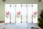 Schiebevorhang-Set Meliora, halbtransparente Bambus-Optik mit Digitaldruck, übergroße Klatschmohnblüte auf weissem Grund in der Mitte der Vorhangfläche, Aquarell ähnlich: 3 Schieber bedruckt, 3 Schieber uni-weiss