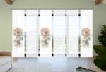 Schiebevorhang-Set Amarande, halbtransparente Bambus-Optik mit Digitaldruck, übergroße Pusteblume auf weissem Grund in der Mitte der Vorhangfläche, Aquarell ähnlich: 3 Schieber bedruckt, 3 Schieber uni-weiss