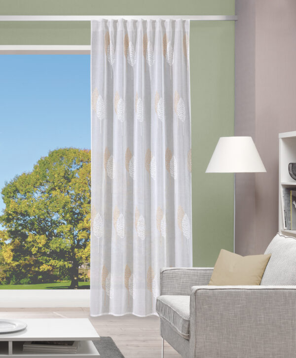 Schlaufenbandschal Alavaro 85328, halbtransparenter Fertigschal mit Stickerei: Blattmotiv in horizontalen Reihen, Stickerei wollweiss & beige auf weisser Grundware