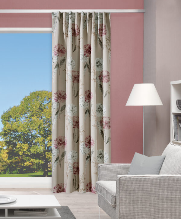 Fertigschal Peppe 85374 - wunderschöner Verdunklungsschal, bedruckt mit großen Pusteblumen in weiss und rosé auf beigem Untergrund