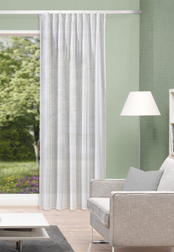 Fertigschal Nika 85503, Strukturgardine aus Batist in Leinenoptik: halbtransparente, elegante Fertiggardine mit Längsstreifen in Scherli-Webtechnik, Farbe: natur