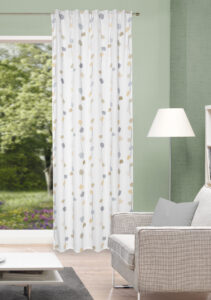 Schlaufenbandschal Effie 85540 - blickdichter Dekoschal: farbige Tupfen auf weissem Untergrund wie Wattebausche auf Schnur gefädelt, vertikal über gesamte Höhe, Grau-& Beigetöne