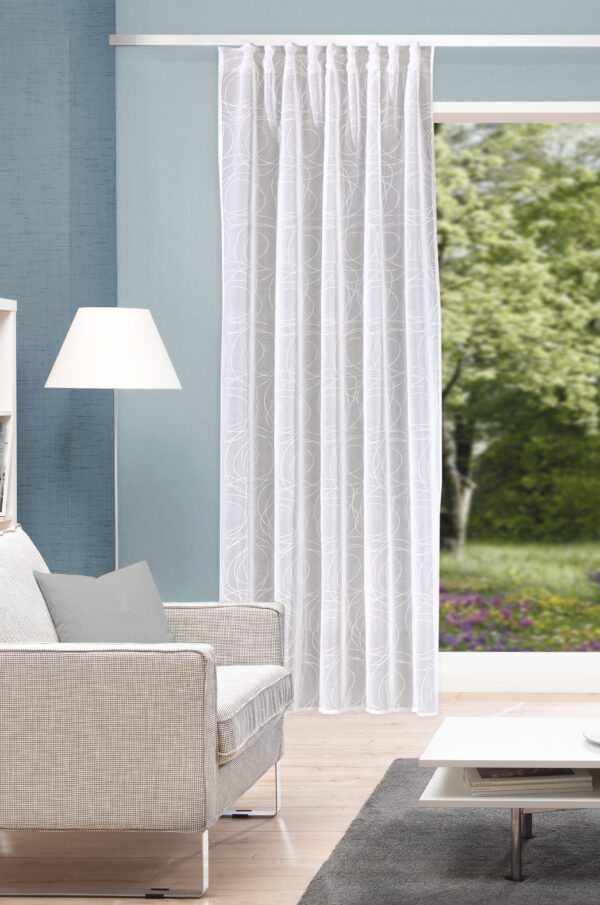 Fertigschal Ditos 85978 - halbtransparente Strukturgardine aus Batist in Leinenoptik mit Stickerei, Farbe: weiss