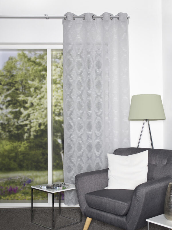 Ösenschal Fajolle 53632, Fertiggardine in Leinenoptik mit Scherli-Rauten-Motiv, hellgrau, halbtransparent, 8 Metallösen, Seiten und Abschluss gesäumt