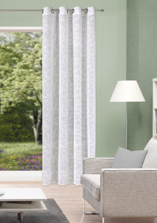 Ösenschal Pixel 53802, Fertiggardine in Leinenoptik mit Scherli-Blätterranken-Dekor, weiss, halbtransparent, 8 Metallösen, Seiten und Abschluss gesäumt