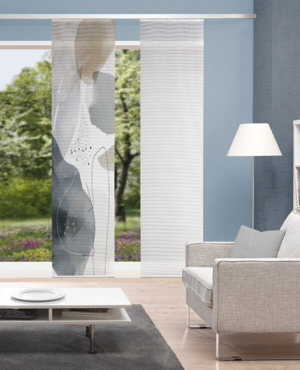 Schiebevorhang Aqua 84326 stein, Dekostoff in Bambusoptik, halbtransparent, mit Digitaldruck: abstraktes Muster aus fließenden, dynamischen Formen; verschiedene Grautöne auf weißem Grund