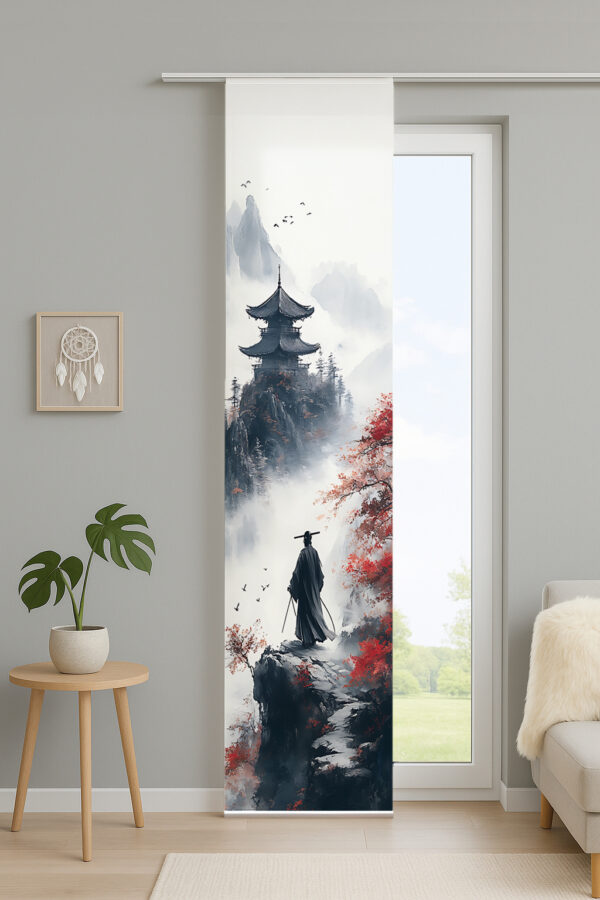 Schiebevorhang Sakura 84488, Dekostoff in Seidenoptik, blickdicht, mit Digitaldruck, Dekor über die gesamte Vorhangfläche: japanische Pagode im Nebel, Samurai im Vordergrund, rote Herbstbäume rechts
