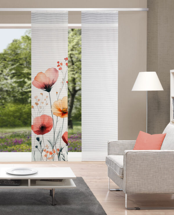 Schiebevorhang Prärie 84572 multicolor, Dekostoff in Bambusoptik, halbtransparent, mit Digitaldruck: naturgetreue Mohnblüten, orange auf weißem Grund, vertikal über 2/3 des Vorhangs