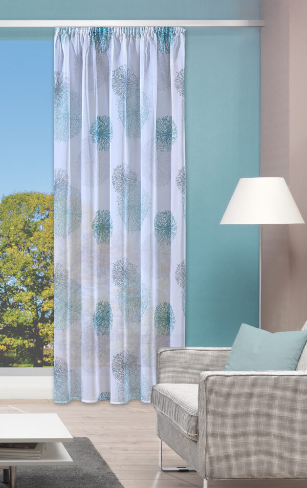 Zugbandschal Rawlins 47639 salbei aus transparentem Voile, Fertigschal mit praktischem Zugband zur Aufhängung an einer Gardinenschiene, attraktives Druckmotiv auf weissem Grund