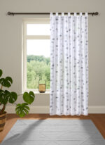 Schlaufenschal Effie 49042 stein, Fertigschal aus transparentem Voile, farbiges Punktemotiv vertikal auf weissem Grund