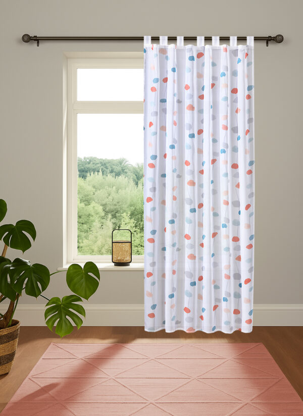 Schlaufenschal Effie 49042 terra, Fertigschal aus transparentem Voile, farbiges Punktemotiv vertikal auf weissem Grund