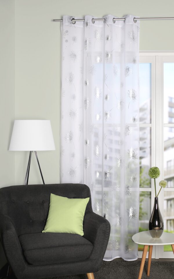 Ösenschal Mesut 53175 silber, halbtransparente Fertiggardine, bedruckt mit Pusteblumen, silber auf weißem Voile