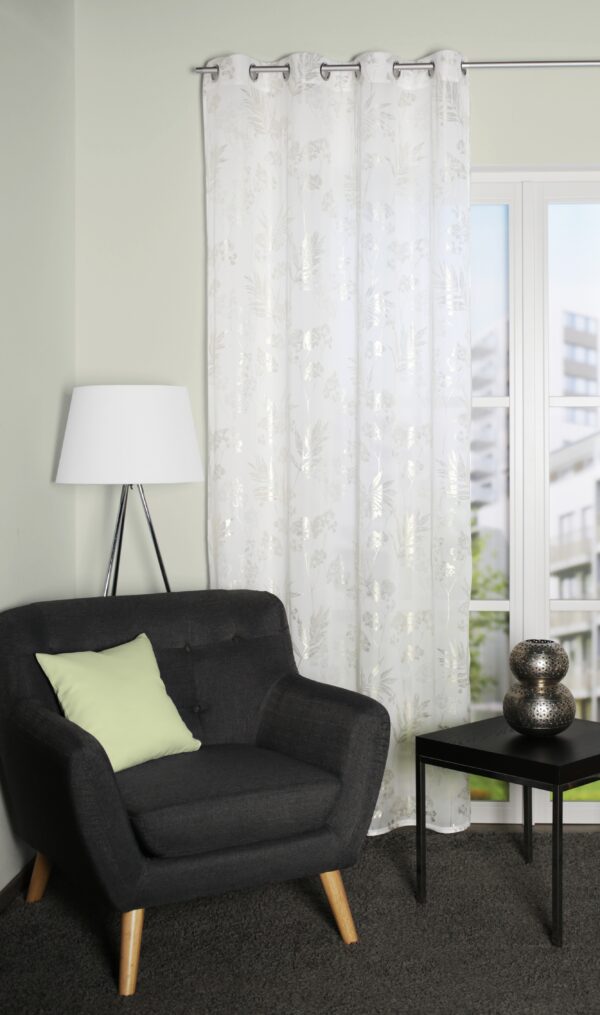 Ösenschal Belagio 53850 champagner, Fertiggardine mit Foliendruck, Blätter-Motiv auf halbtransparentem Chiffon