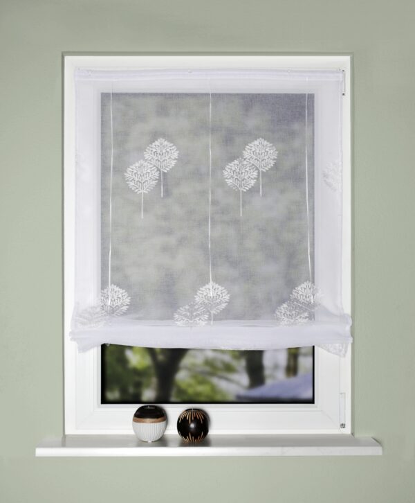 Bändchenrollo Edision 69085 weiss, halbtransparenter Batist, weisse Grundware bestickt mit Baum-Motiv in weiss