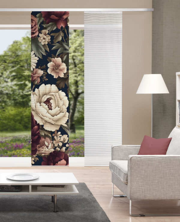 Schiebevorhang Lazlo 84324 multicolor, Dekostoff in Bambusoptik, halbtransparent, mit Digitaldruck: große, naturgetreue Blüten, beige und golden auf schwarzem Grund Grund