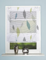Magnetrollo Paolo 91087 blau-grün, Bambus-Optik, bedruckt, halbtransparent, für Fenster und Türen; abstrakte Bätterranke, vertikale Wellen, blau-grün auf weissem Grund