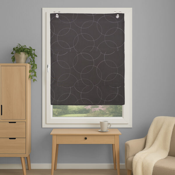 Magnetrollo Adalia 93015-8007 anthrazit, blickdichter Dekostoff, bestickt mit Kreismotiv, Montage ohne Bohren mit U-Fensterhaken