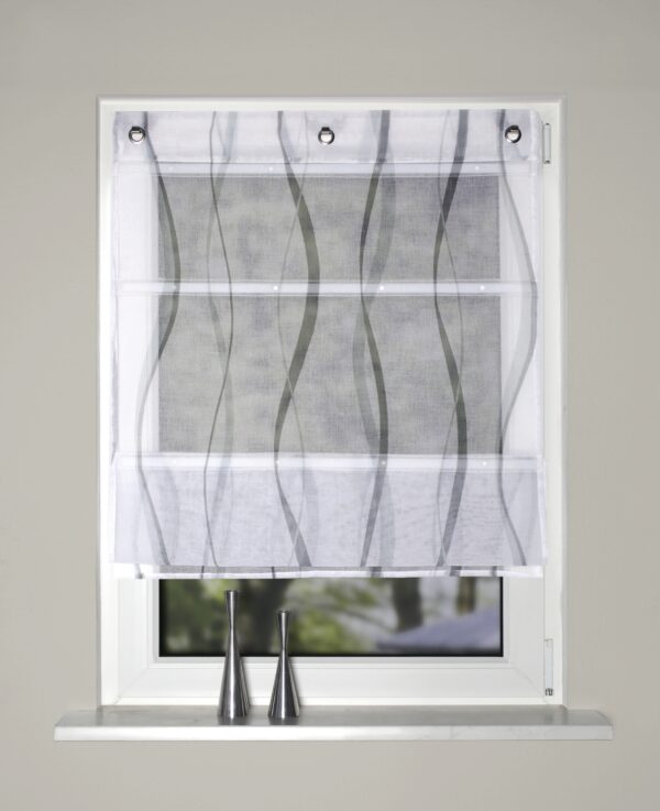 Magnetrollo Tudor 93104-0307, halbtransparenter Batist in Leinenoptik, weiss, bedruckt mit vertikalem Wellen-Motiv grau