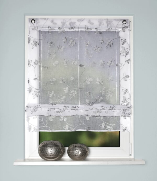 Bändchenrollo Ranko 93105 grau, halbtransparenter Batist in Leinenoptik, weisse Grundware, grau bestickt mit Blätterranken